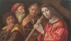 Cristo carregando a cruz e dois santos